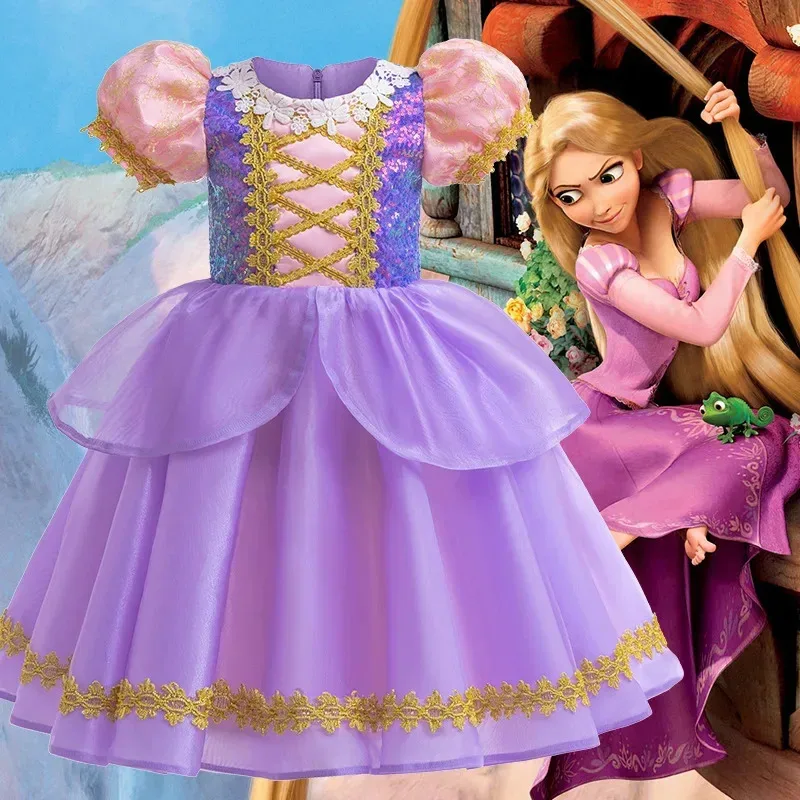 Vestido de Rapunzel para niña, disfraz de princesa de Carnaval para niños, vestido de baile con estampado de lujo, vestidos esponjosos degradados con lentejuelas de encaje