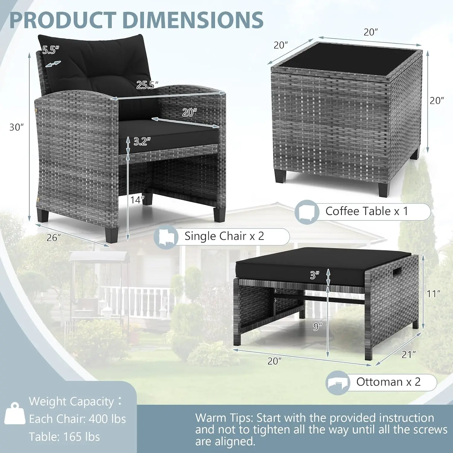 5pc Patio Furniture Set Ottoman Wicker Sofa Cushions Glass Table Outdoor Rattan Chair Garden Balcony Poolside, Customized