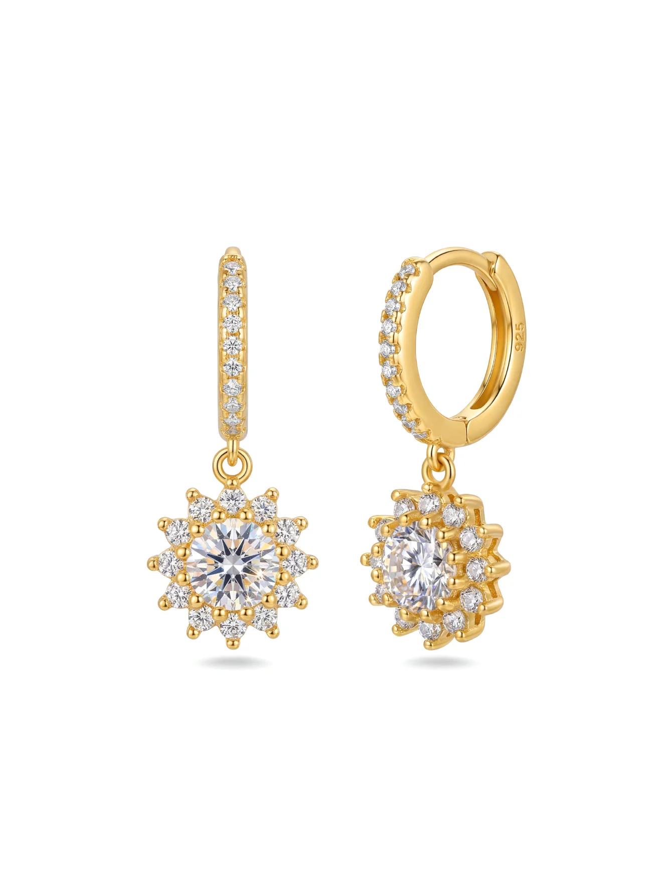 S925 pure silver sunflower bezel-set zirconia drop earrings. Micro-set ring-shaped earrings. Anti-allergic ear piercings. Elegan