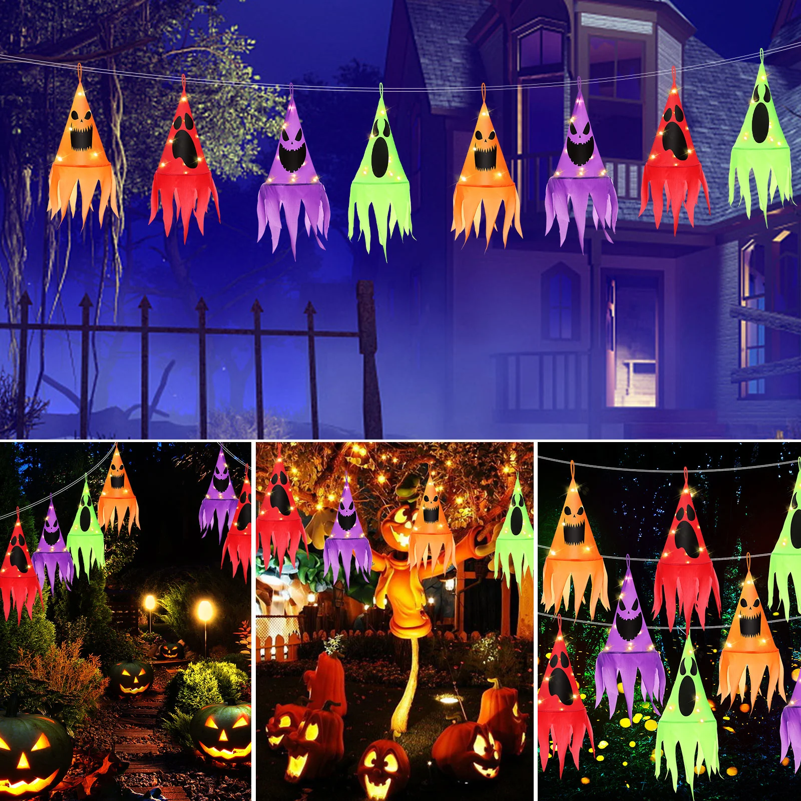 Chapéu de bruxa assustador led luzes da corda iluminado chapéus halloween lustre brilhante tema decoração fantasma poliéster tafetá pendurado