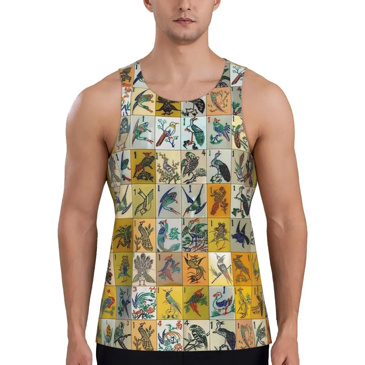 Quick Dry Mah Jongg Birds Mahjong Tiles Gym Tank Muscle Sleeveless Shirt Bodybuilding Breathable Vest