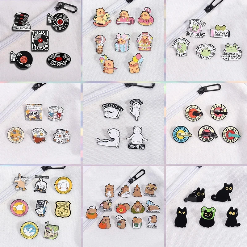 4-8Pcs/Sets Cartoon Capybara Black Cat Dice Alien UFO Enamel Pins Retro CD Silly Goose Brooch Lapel Badge Jewelry Gifts
