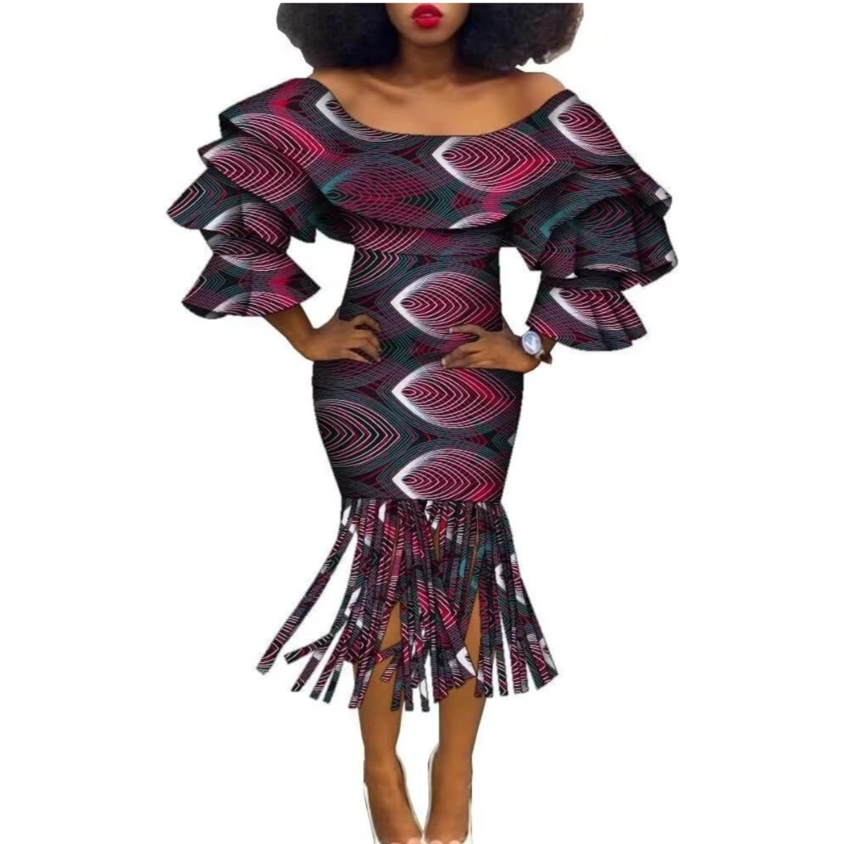 

Women's African Print Dress Long Sleeve Dashiki A Line Party Off The Shoulder Sexy Tassel Dresses Multi Layer Sleeve WY1938