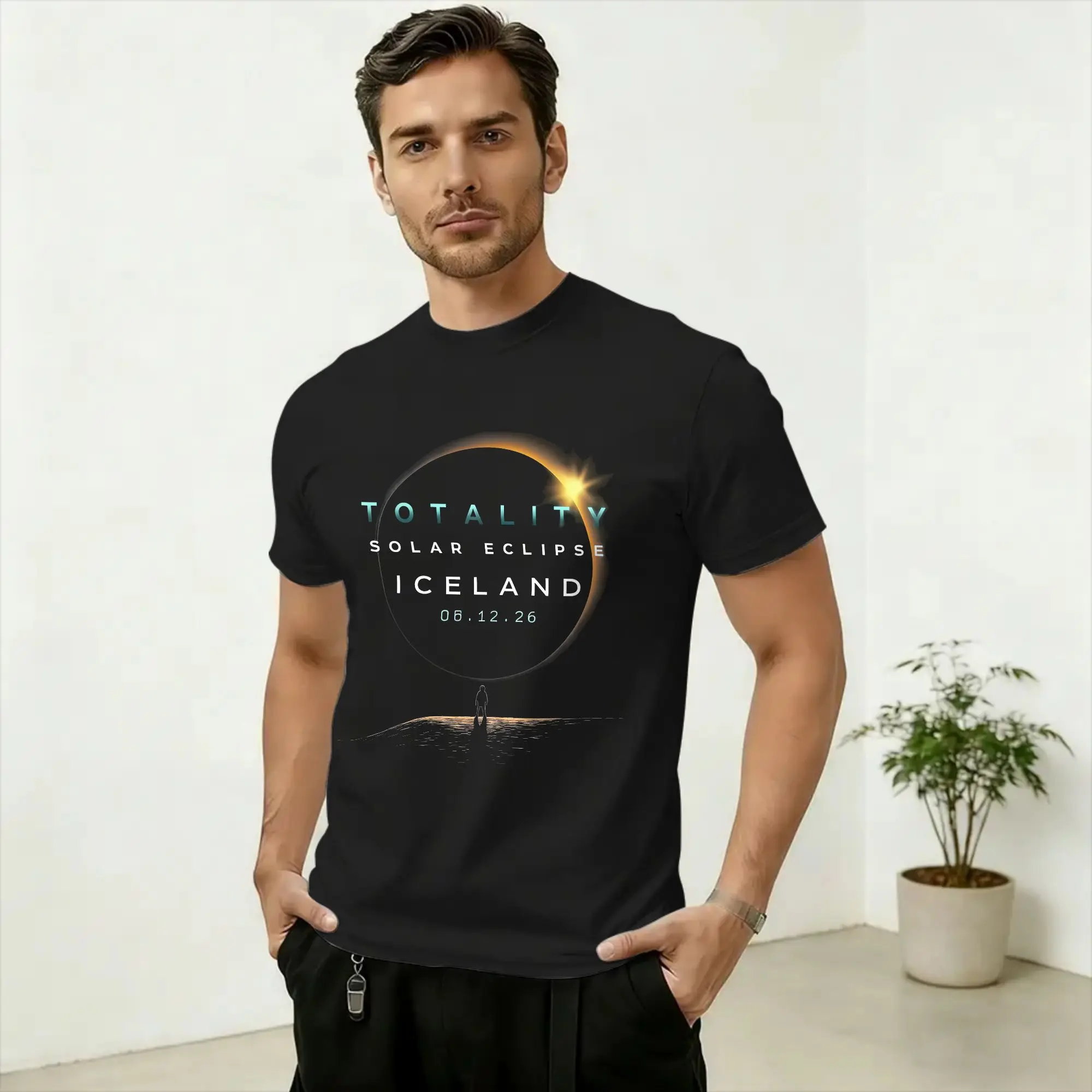 Iceland Total Solar Eclipse 2026 August Cotton T Shirt For Men Summer  Streetwear T Shirts Crewneck Tees Big Size Design Tops