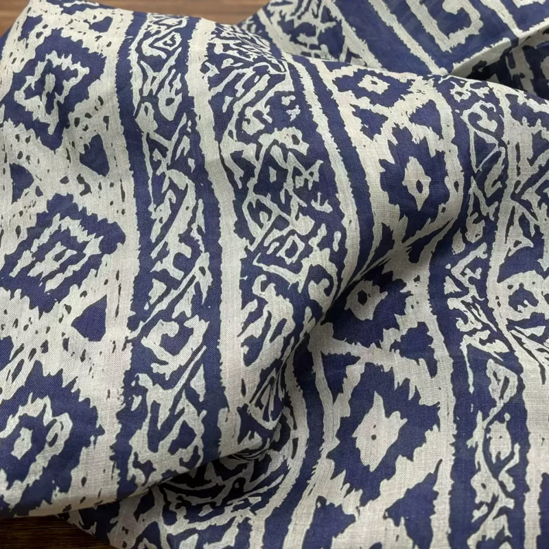 

Pure ramie blue printed fabric, used for making high-end summer clothing sewing fabrics
