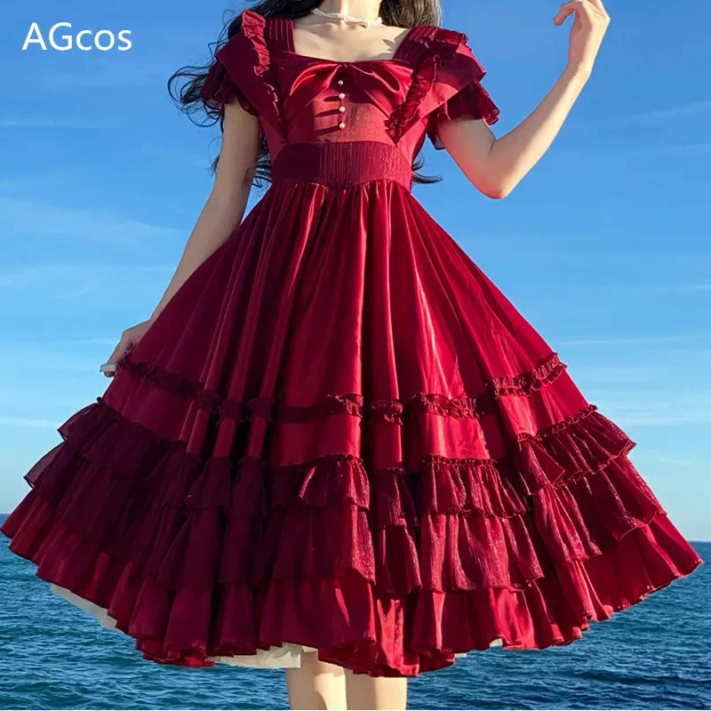 

Rose Dancer-Palace Elegant Princess Girl Lolita Dress Beige and Red Sweet OP Woman Dresses