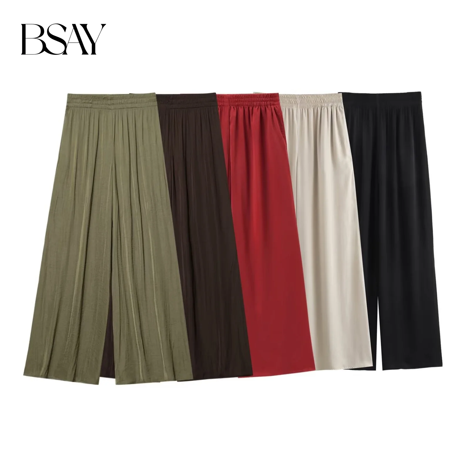 BSAY Hosen für Frauen Mode Frühling Herbst Neue Einfarbig Gefaltet Chic Weibliche Elastische Hohe Taille Breite Bein Hosen Mujer