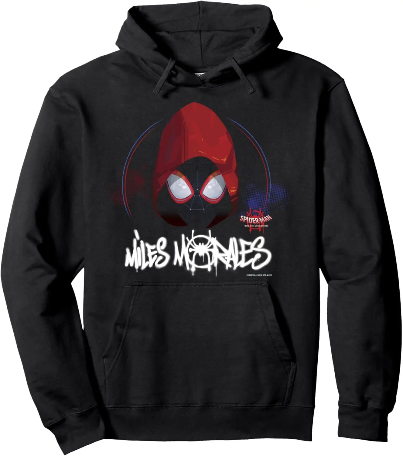 Mens Cotton Fleece Hoodie with Miles Morales Spider Man Print Red Black Mask Design Blue Red Circle Frame on Black Pullover