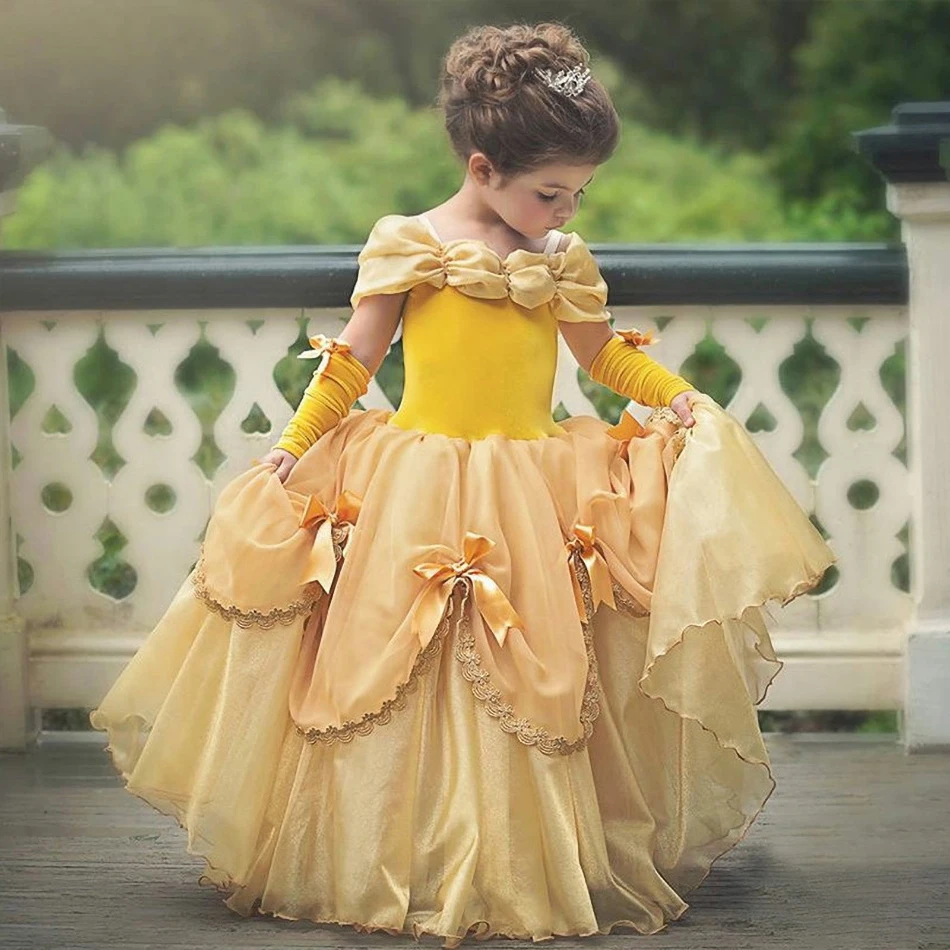 Vestidos de Cosplay para niños, vestido amarillo sin mangas de La Bella y La Bestia para niñas, vestido de actuación en escenario para niñas, lindo vestido para niñas, Color sólido