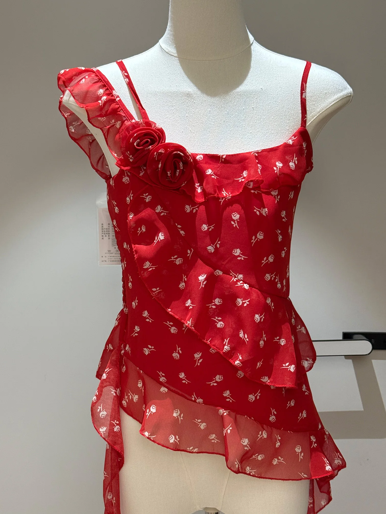 الأحمر الأزهار طباعة غير المتكافئة هيم حزام سترة المرأة الصيف سليم صالح oulder Bared بلوزة من الشيفون الكورية Sle تخفيف Faion #2