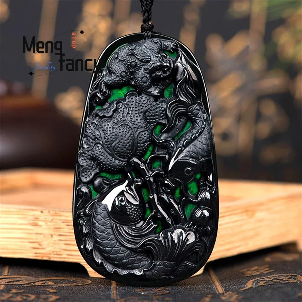 

Natural A-goods Jadeite Ink Cui Fortune Gold Toad Koi Carp Jade Pendant Exquisite Handicraft Mascot Fashion Jewelry Holiday Gift