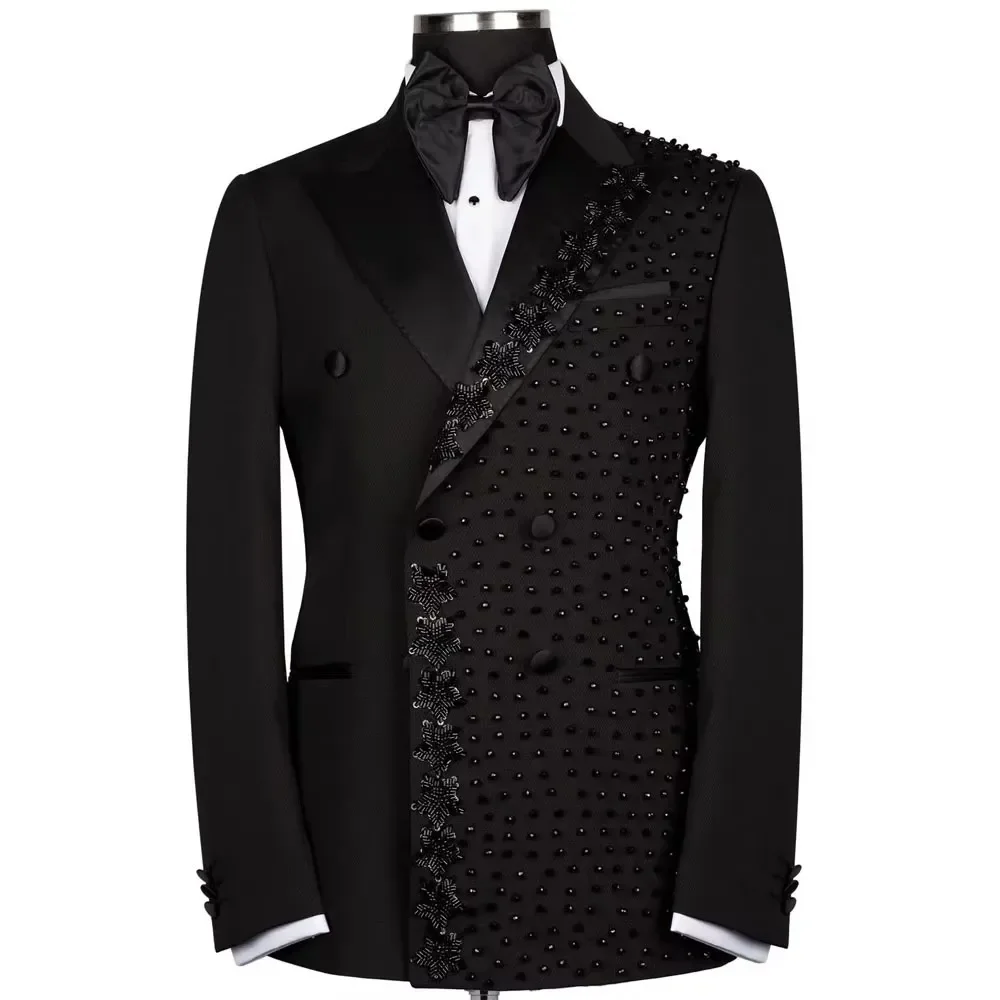 Black Sequined Beaded Suits Men For Wedding Two Pieces Jacket Pants Groom Tuxedo Formal Business Banquet