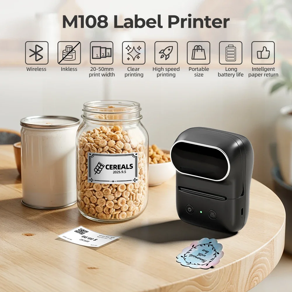 Phomemo M108 Label Printer 20-50mm Thermal Labeling Printing Wireless Bluetooth Label Maker Similar as B1 B21 for Home School