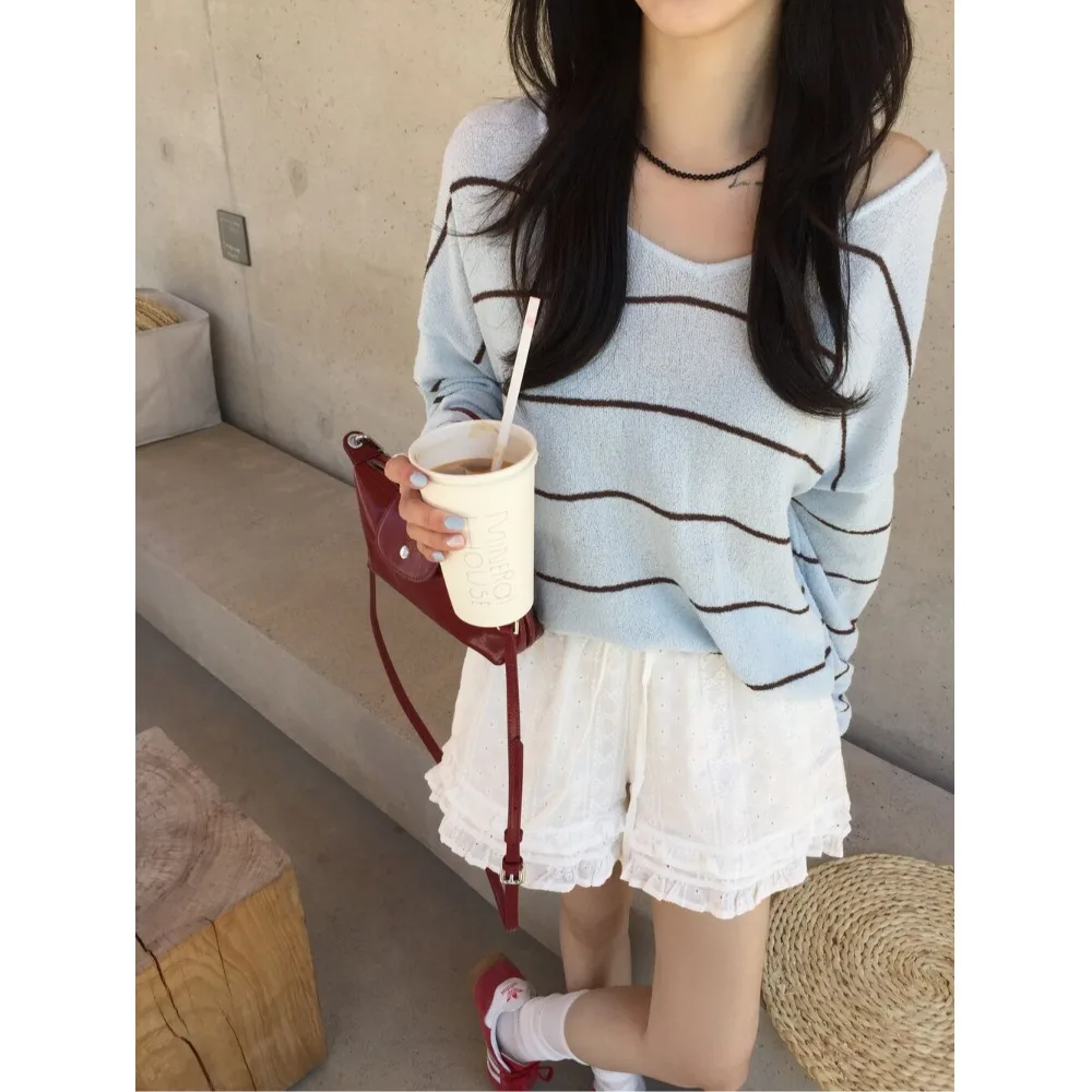 

Spring New Design Women's Striped Knitwear Hollow out Back Tie Korean Style Regular Fit Inner Wear Casual Versatile Tops