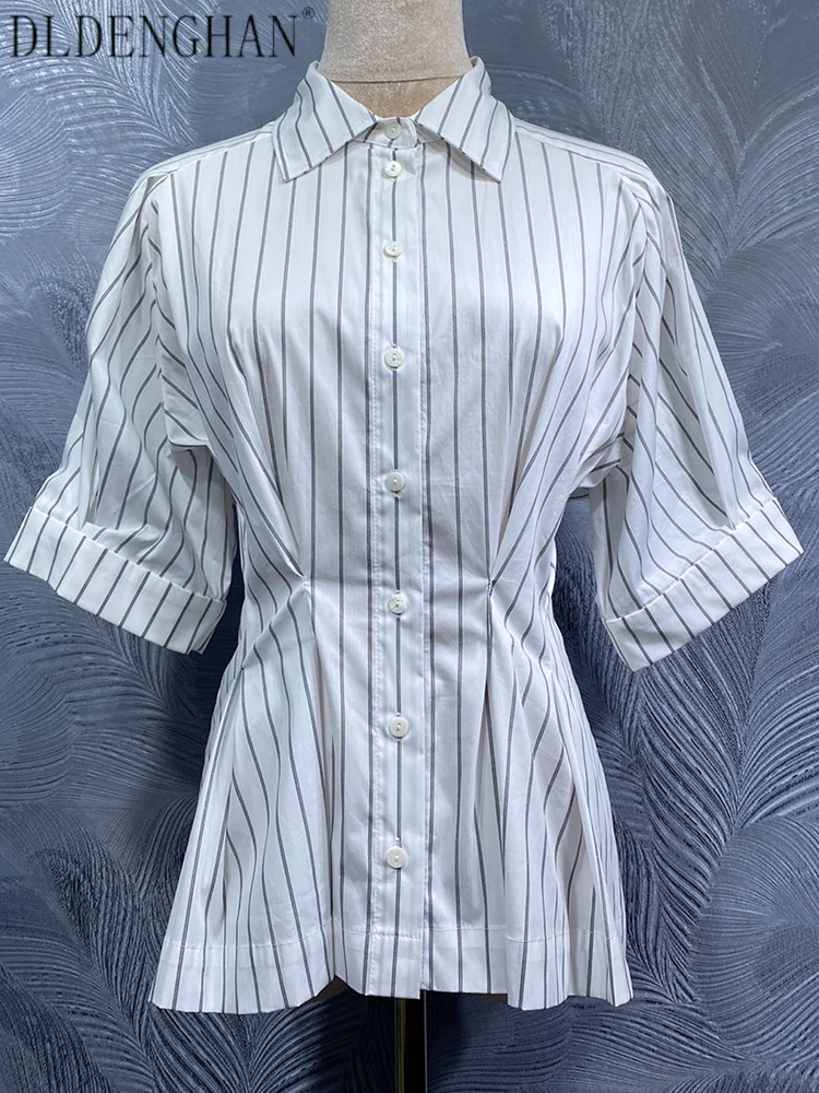 

DLDENGHAN Single-Breasted Striped Print Tops For Women Turn-down Collar Half sleeves Office Lady Cotton Tops Summer Female
