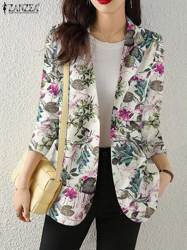 ZANZEA-Blazer con estampado Floral para mujer, chaquetas OL elegantes con cuello de solapa, manga larga, prendas de vestir finas, trajes Vintage