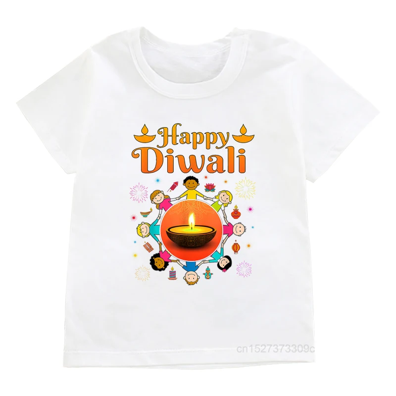 Happy Diwali Print koszulka dziecięca chłopcy Deepavali biała koszula dziewczyny różowe stroje ubrania wakacje dzieci t-shirty z krótkim rękawem Top