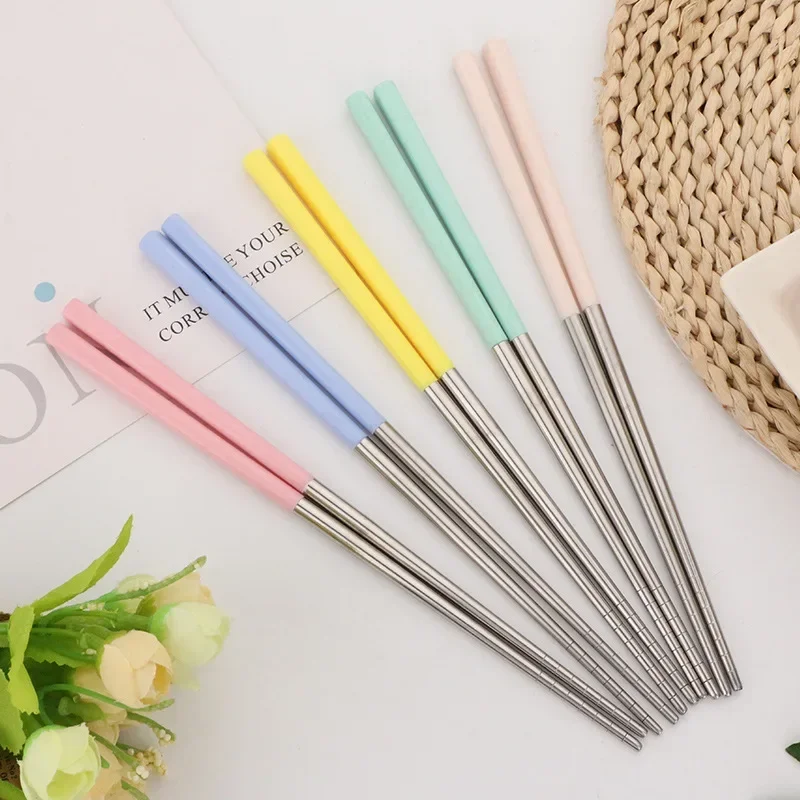 5 Pairs Wheat Straw Stainless Steel Tableware Hot Pot Chopsticks Sushi Chopsticks Household Chinese Chopsticks Kitchen Utensils