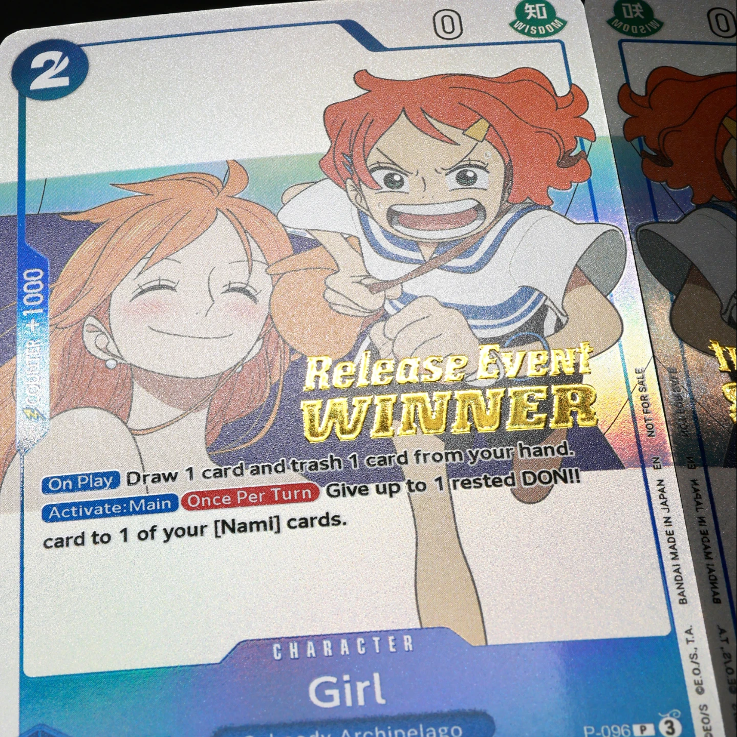 One Piece TCG OPCG English P-096 Girl Blue Girl Play Set Release Event Winner Stamp with Hot Stamping Process view 5