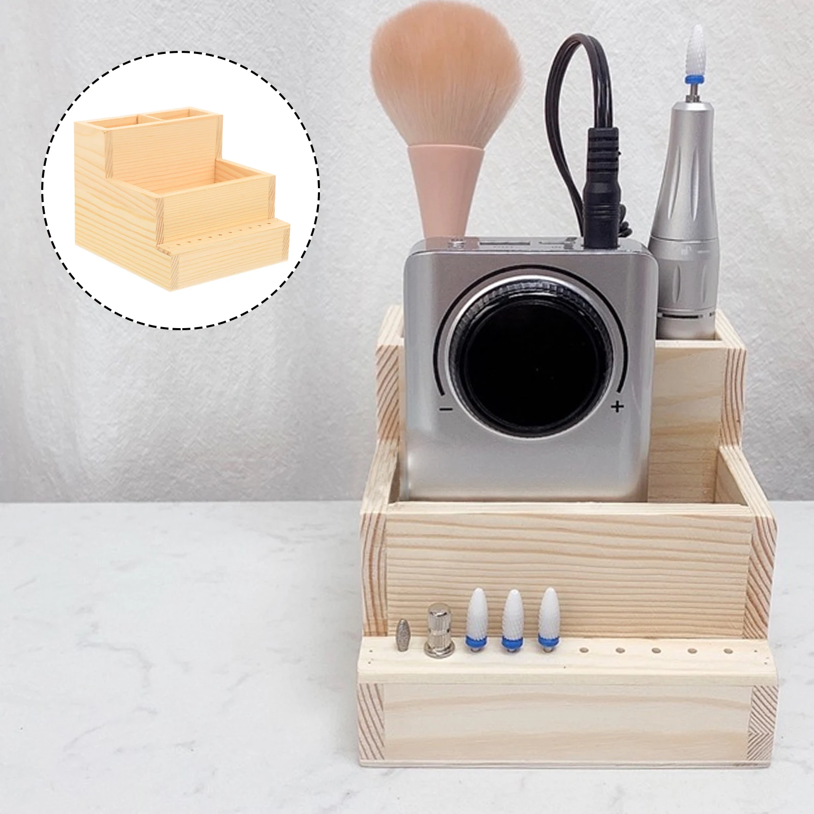 

Double Tiered Wooden Makeup Organizer Natural Wood Storage Box Desktop Home Office Nail Tool Container