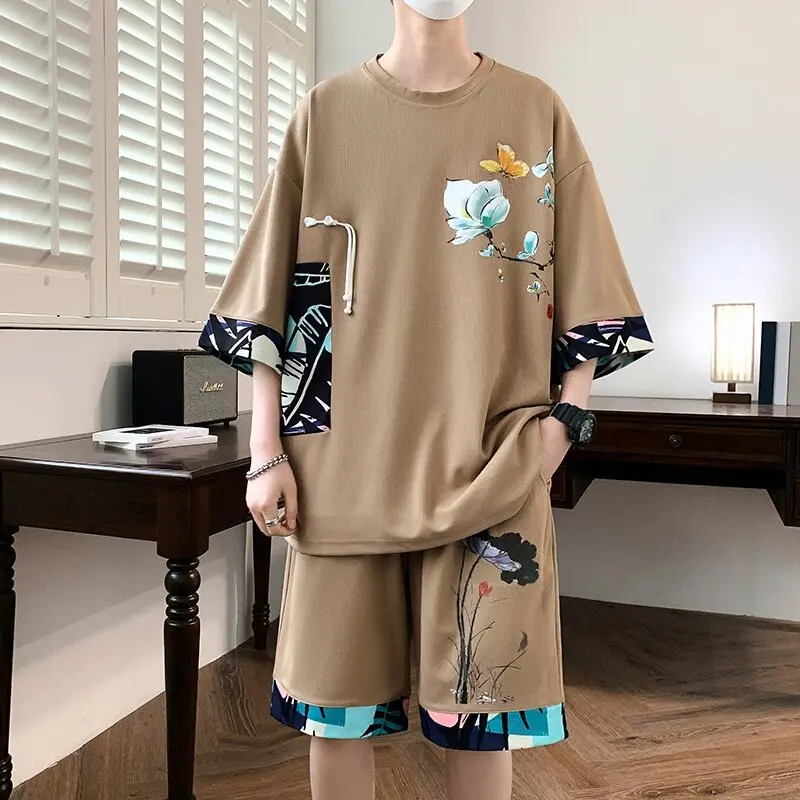 men's Sports fashion casual suit 2025 summer  men's short-sleeved T-shirt + five-point shorts men two-piece print  Sportswear