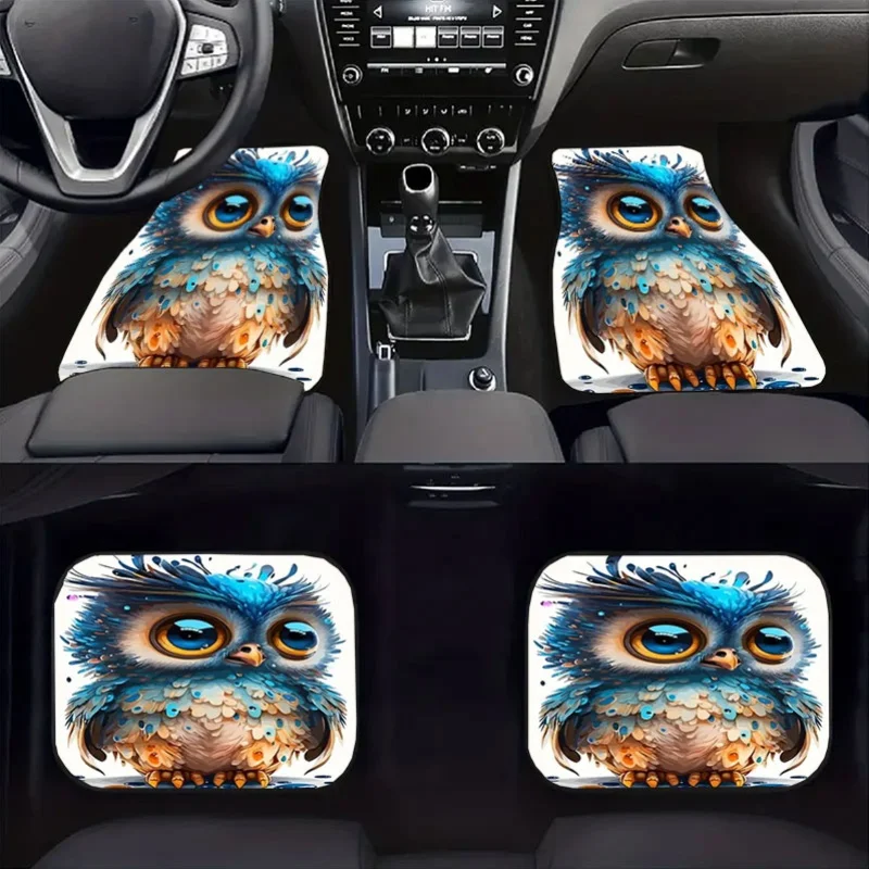 4pcs Owl-Patterned Car Floor Mats | Universal Interior Decoration, Crystal Velvet Anti-Slip Design, Stylish Pattern, Effective H