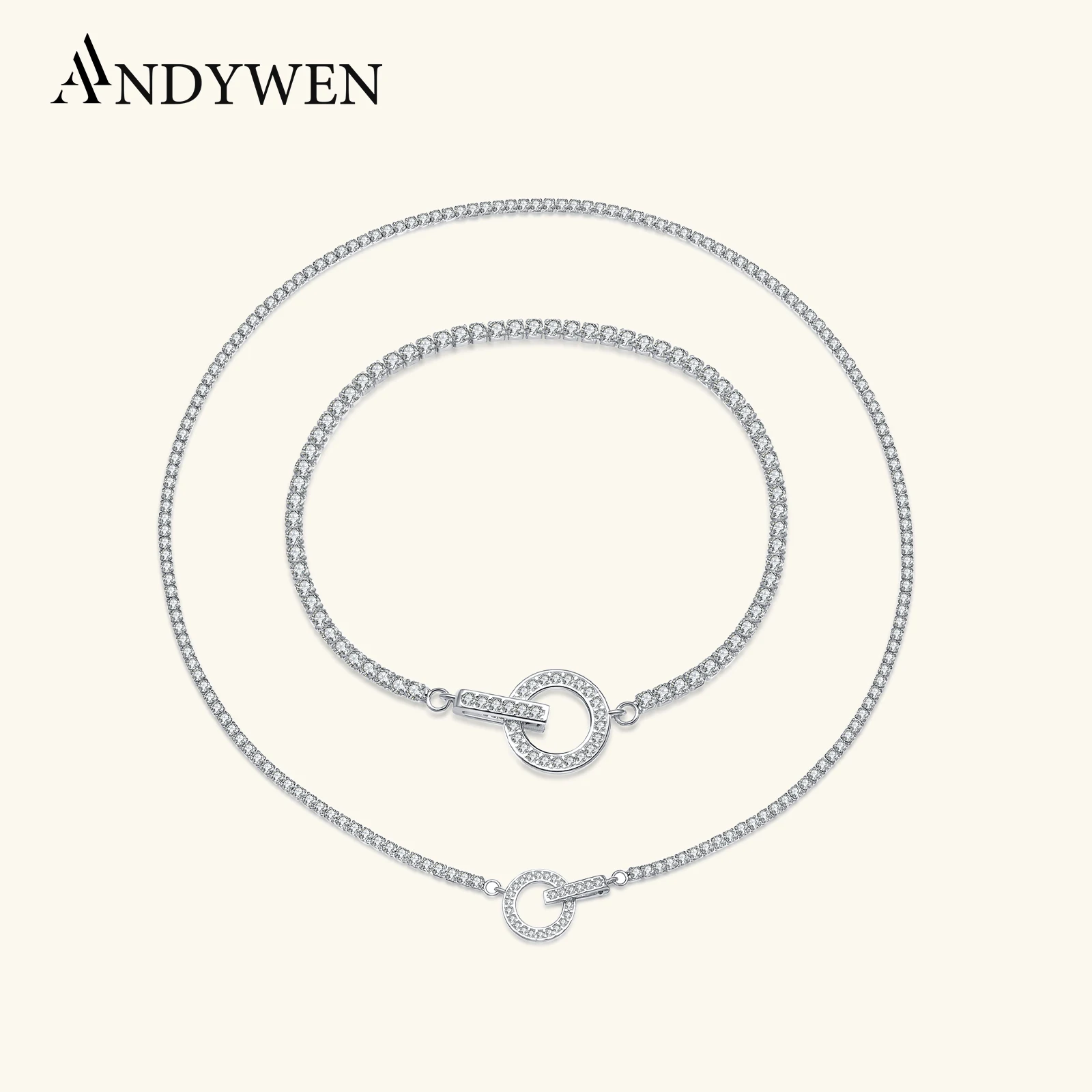 

ANDYWEN стерлингового серебра 925, круглая застежка, полный циркон, цепочка с фианитом, ожерелье, браслет, комплект, роскошные элегантные вечерние свадебные украшения, подарок