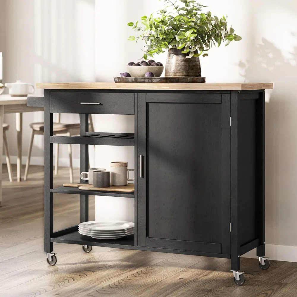 Modern Rolling Kitchen Island Utility Cart a Drawer, Storage Cabinet, Handle Towel Rack, Rubber Top, and Caster Wheels  (Black)