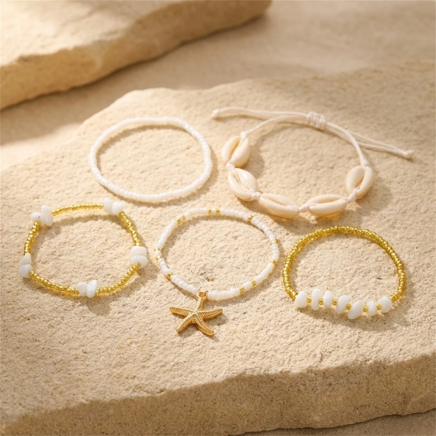 Böhmisches Resort-Stil Muschel-Perlen-Armband für Frauen, Muschel-Seestern-Kies-Armband-Set, Handgefertigter Charm-Schmuck als Geschenk – Detail 5