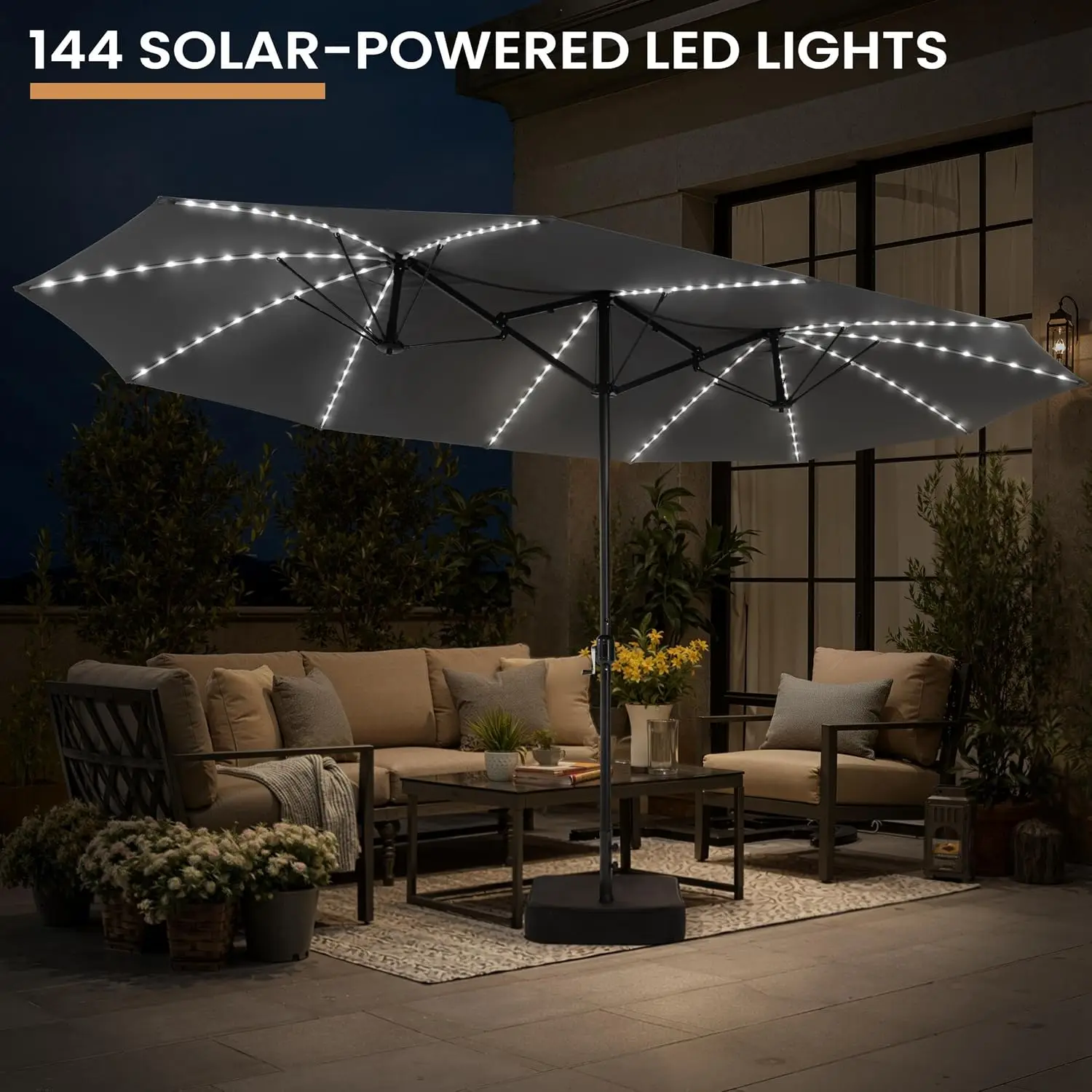 Double Sided Outdoor Umbrella with Fillable Base, Rectangle Market Umbrella, UV Protection for Porch, Deck, Poolside