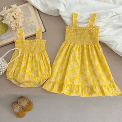 Sister Girls Clothes Summer Newborn Sweet Baby Girls Printing Jumpsuit Sister Toddler Girls Yellow Flowers Kids Princess Dress