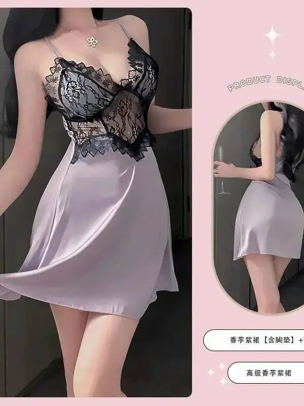 Sexy puro desejo estilo verão fino gelo seda camisola com almofadas no peito tentação cinta profundo decote em v renda cetim camisola 3zn