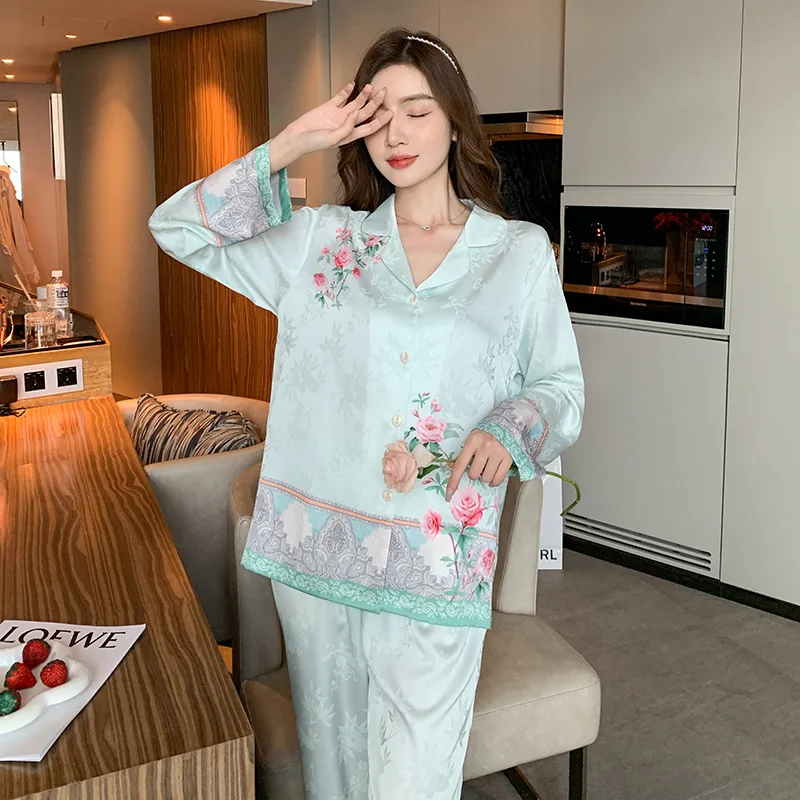 Sweet Jacquard Flower Nightwear Women Pajamas Set 2Pcs Pjs Beige Long Sleeve Sleep Suit Satin Silk Home Clothes Loungewear