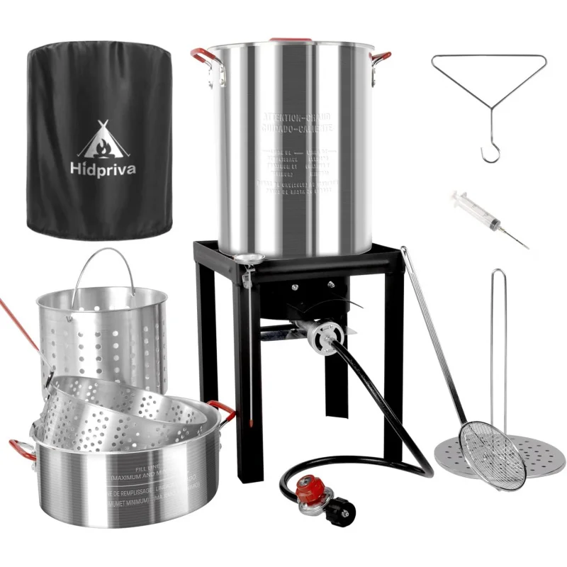 30qt Turkey Fryer & 10qt fish fryer kit, waterproof cover & 12-inch skimmer, 55.000btu propane burner stove, aluminum turkey fry