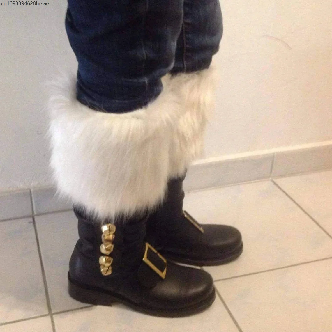 Men's Christmas Santa Claus Boots Wide Calf Santa Combat Boots with White Plush Cuffs Foot Bells for Costume Accessories