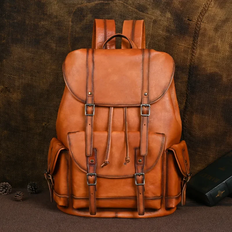 Men Retro Vegetable Tanned Leather Backpack First Layer Cowhide Business Travel Bag Casual Computer Rucksack High Quality