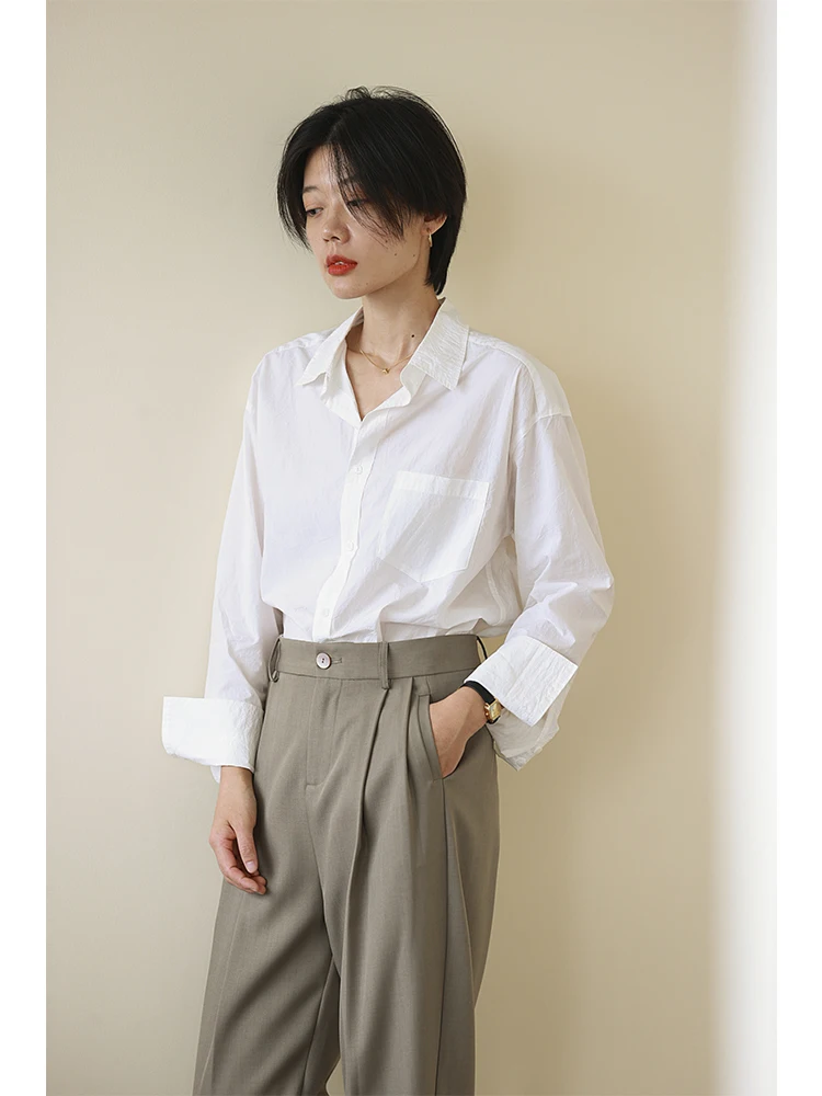 

Женская хлопковая рубашка с длинным рукавом, 0 шт., чисто белая, свободного кроя, с защитой от солнца, модный дизайн, топ с небольшим декором