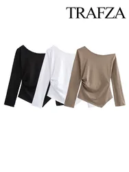 TRAFZA Women Spring Solid Folds Asymmetrical Slant Collar Tops Female Fashion Side Zipper Pleated Decoration Casual Slim Top