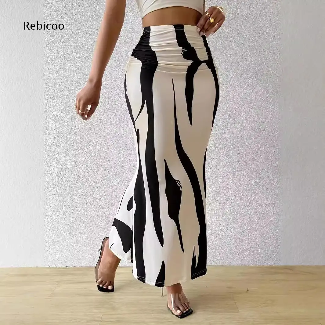 Abstract Print Mermaid Maxi Skirt Featuring High Waist Ruched Side Bodycon Cut For Women Casual Night Time And Bar Outfits