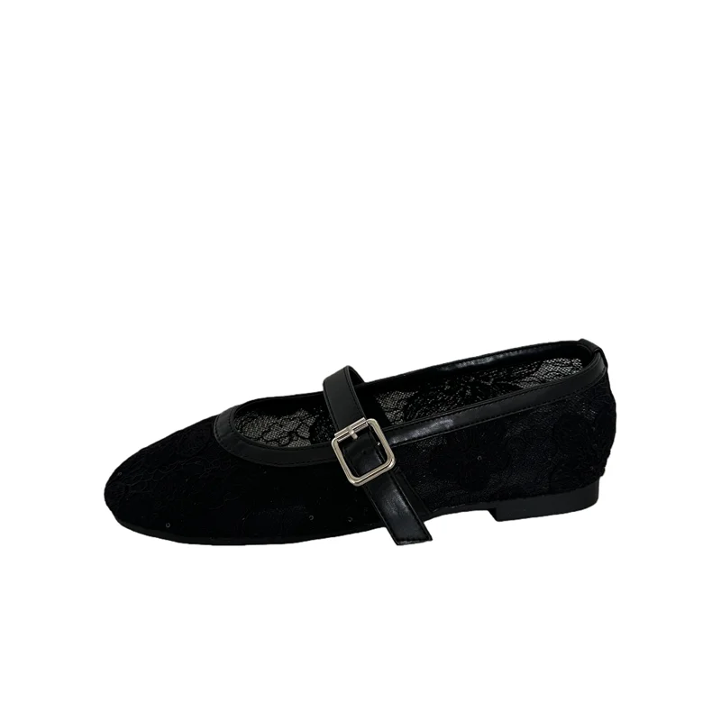 Women Ballet Flats Green Shoes Woman Low Heel Pumps Summer Embroidery Mesh Mary Jane Shoes Comfort Buckle Office Shoes