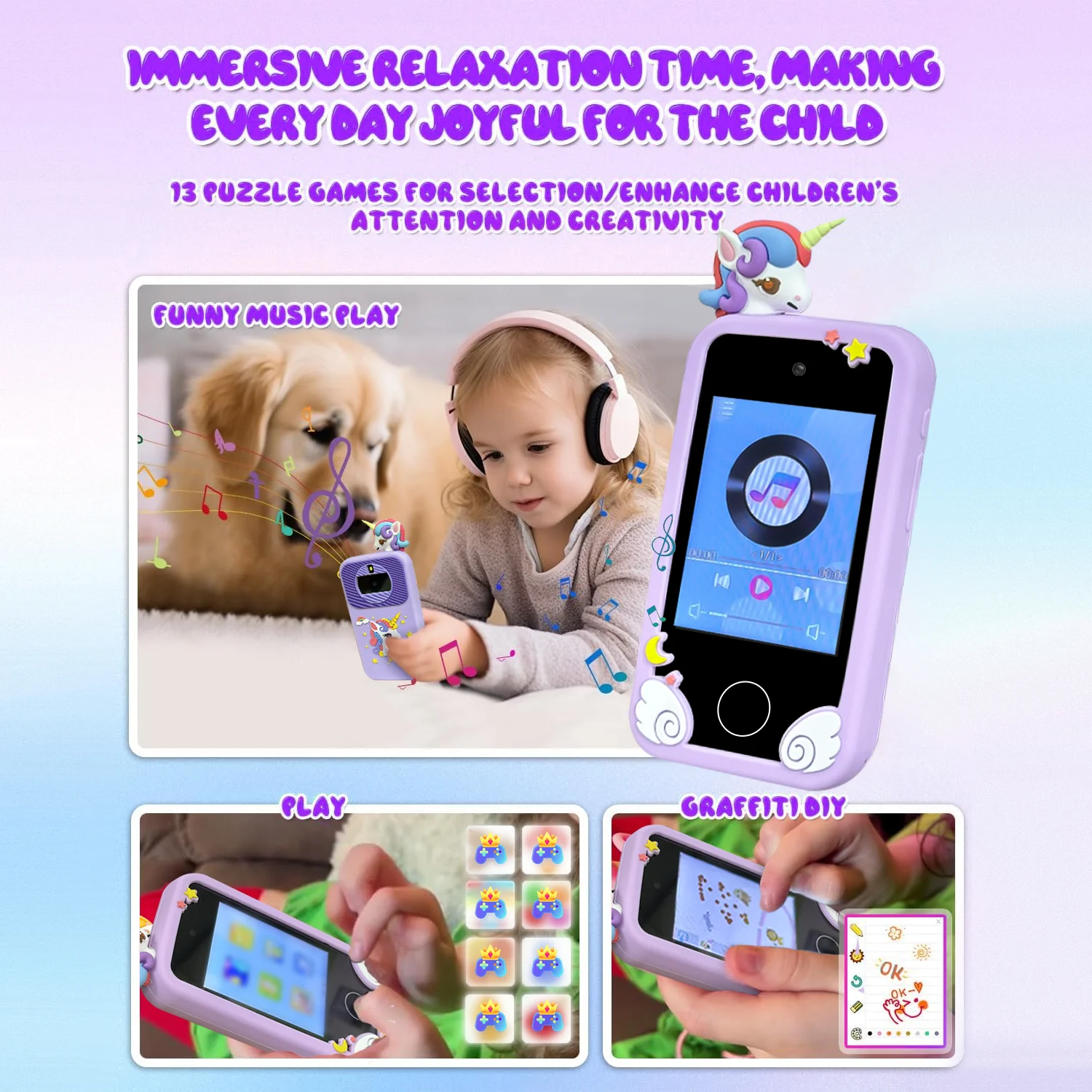 INOCTI Kids Smart Phone Toy Unicorn Baby Mobile Educational Learning Toys for Girls Boys Birthday Christmas Gifts With 32G Card