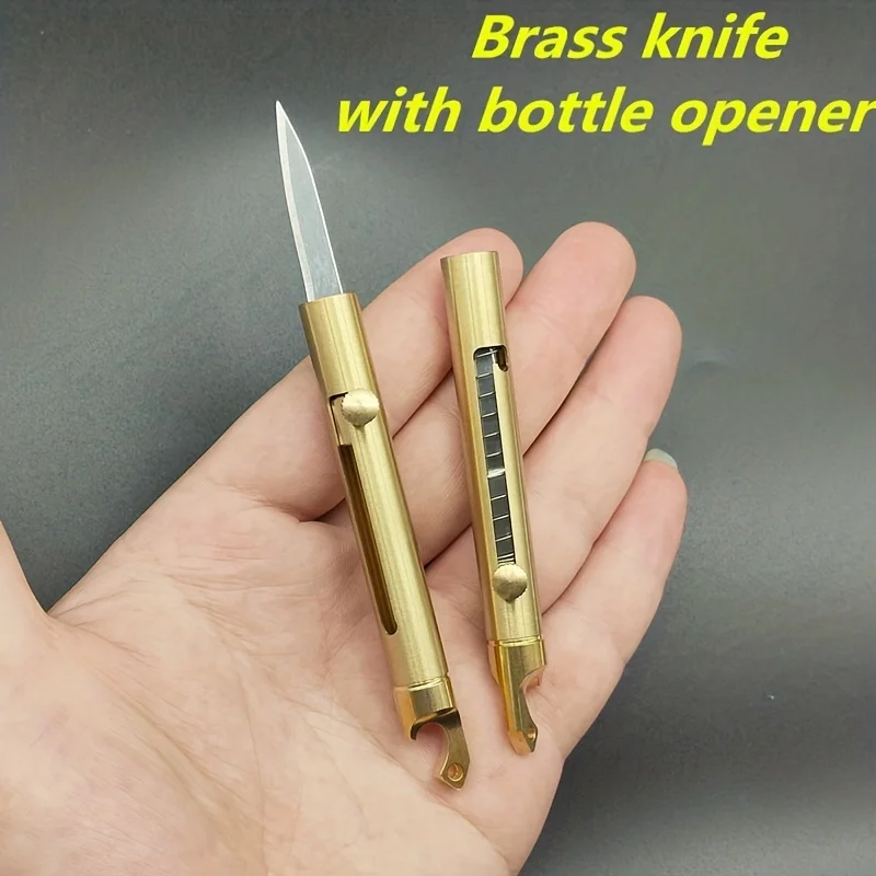 Multifunctional Brass Bottle Opener Knife Portable Retractable Knife Outdoor Self-defense Disassembly Express Tool Key Pendant