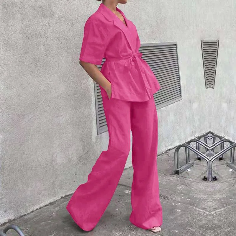 Moda terno colarinho de manga curta algodão linho calças femininas 2 peça verão casual topo amarrando calças bolso terno feminino