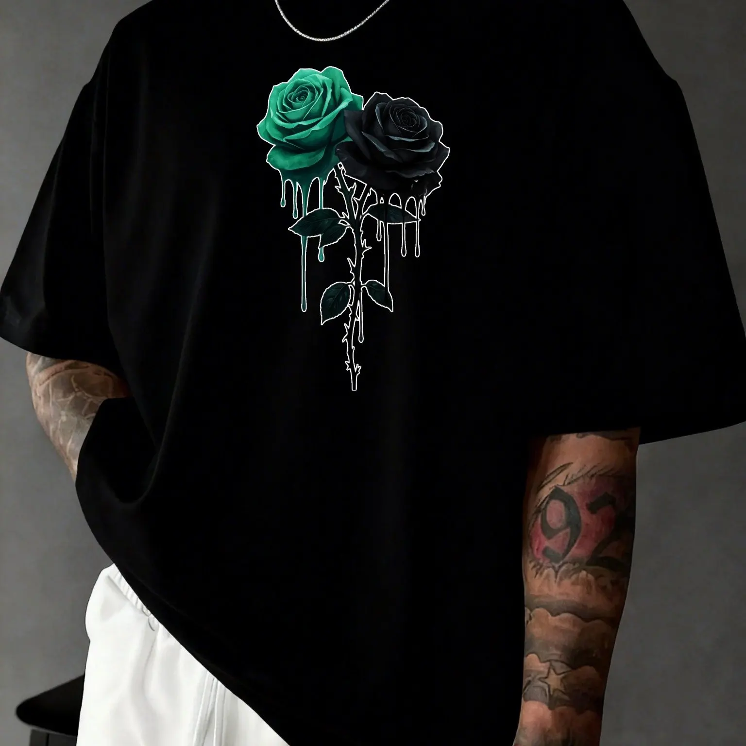 Cotton Men Short‑Sleeve Tee, Turquoise‑Black Drip‑effect Rose Print, Crew‑neck Casual Fashion Top for Trip Daily Holiday Outfit