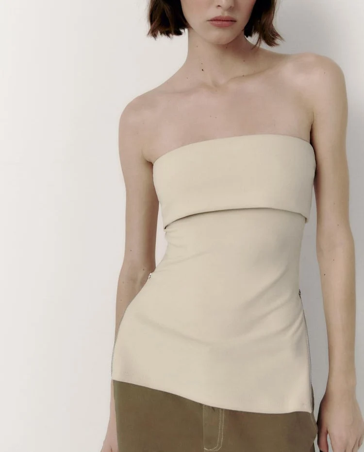 Printemps été nouveau Sle oulder Bared col droit tricoté tissu fermeture éclair haut Gluechiffon Svel régulier couleur Pure