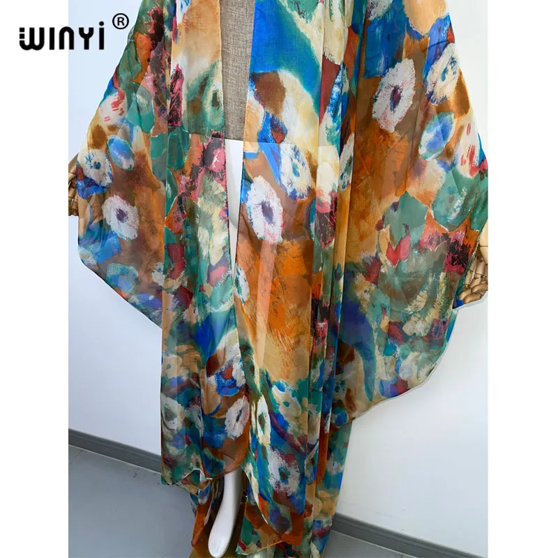 2023 WINYI boho beach cover up Cardigan Cocktail elegant Maxi Holiday Batwing Sleeve perspective sexy kimono printing dress