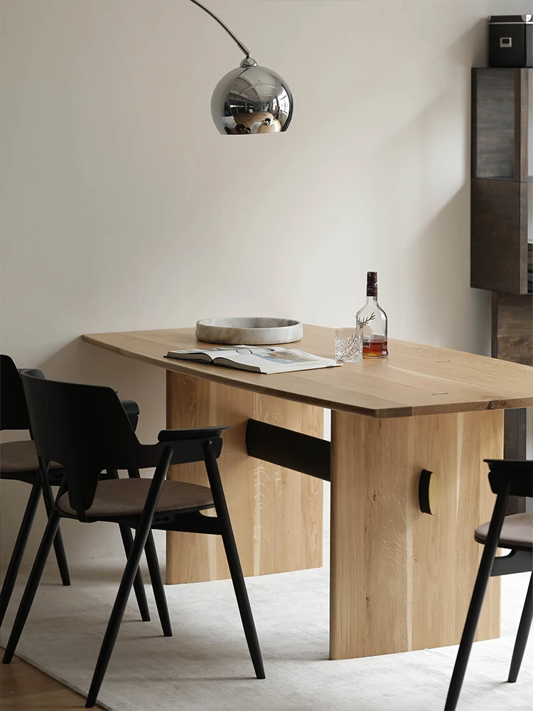 yc-Nordic Wabi-Sabi Oak Wood Dining Table with Brass Tenon Multifunctional Alien Shape 6-Person Capacity Dining Room Furniture-