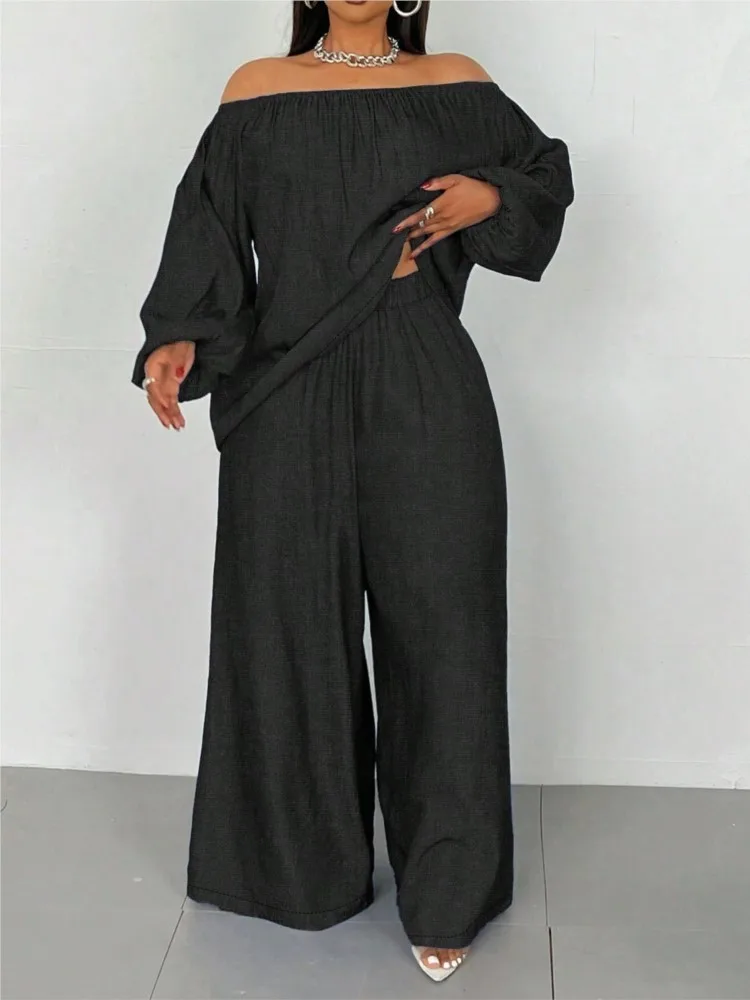 

Women 2 Piece Outfit Off Shoulder Long Sleeve Top High Waisted Loose Wide Leg Pants Casual Pants Sets Fashion Commuting Outfits
