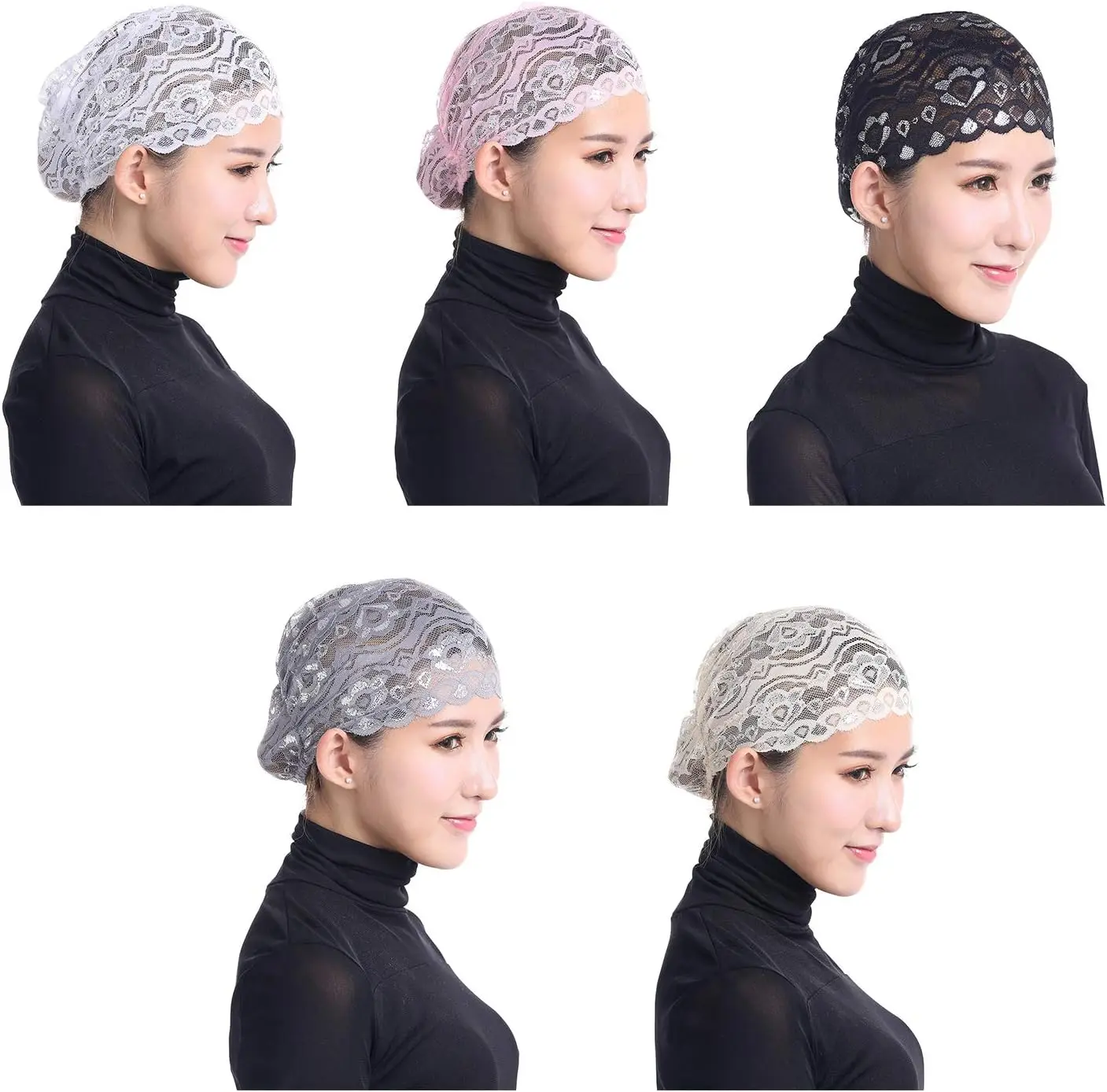 5 حزمة النساء تربان إسلامية الحجاب الداخلي قبعات لامعة الدانتيل غطاء رأس تمتد قبعة عمامة قبعة الكيماوي غطاء الرأس غطاء Turbante #6
