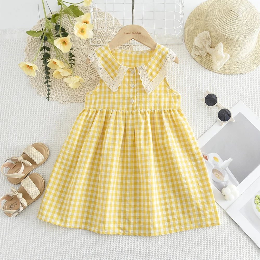 Sommer Mode Spitze Falten Kragen Schnalle Einfarbig 3-7 Jahre Kinder Süße Nette Prinzessin Kleid Ärmellose Mädchen Casual kleidung